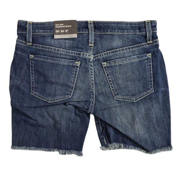 Mossimo Womens Shorts Sz 00 Boyfriend Raw Hem Dark Blue Denim Low Rise Destroyed - Picture 2 of 9